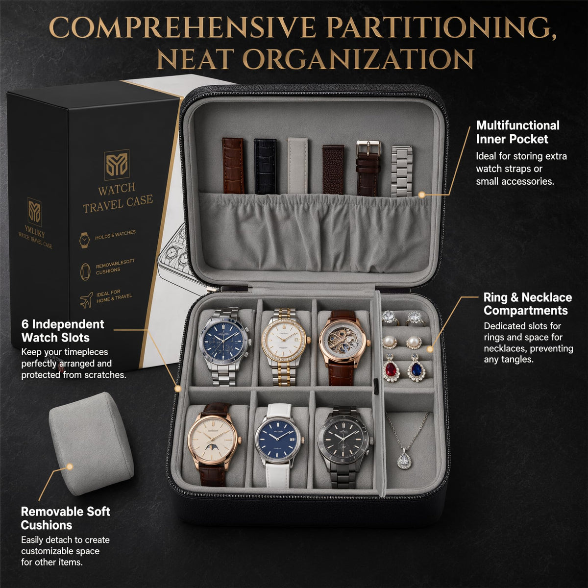 6 Slot Travel Watch Box Portable Jewelry Organizer Case for - YMluky Official Imagery - 6