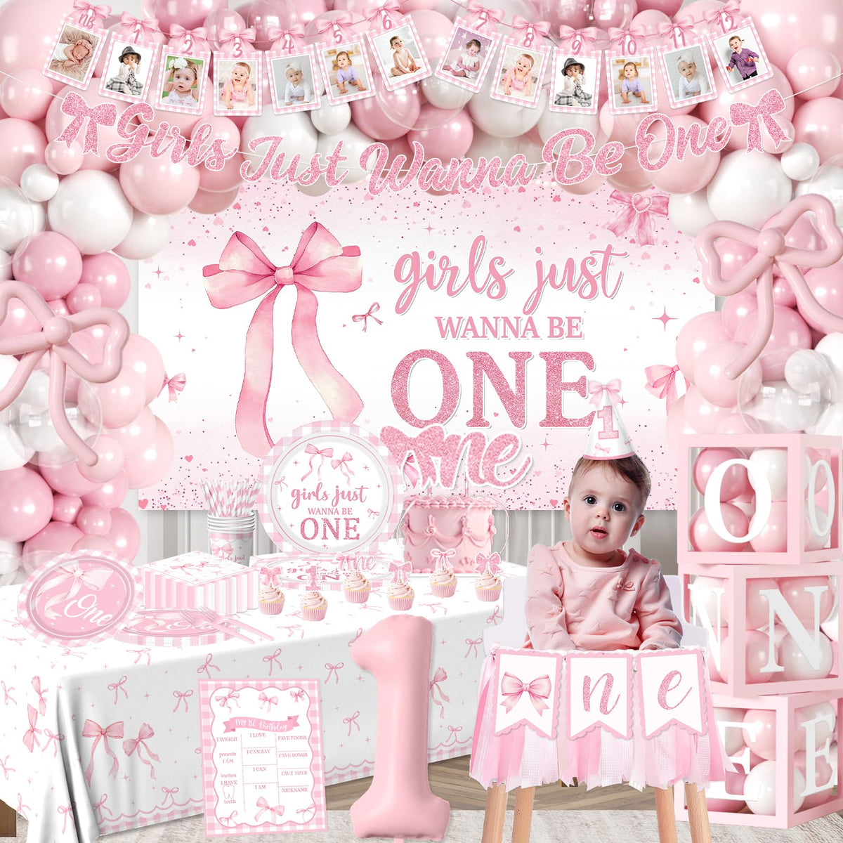 Pink Bow 1st Birthday Decorations 271Pcs Girls Just Wanna Be - KUPWOQU Official Imagery - 4