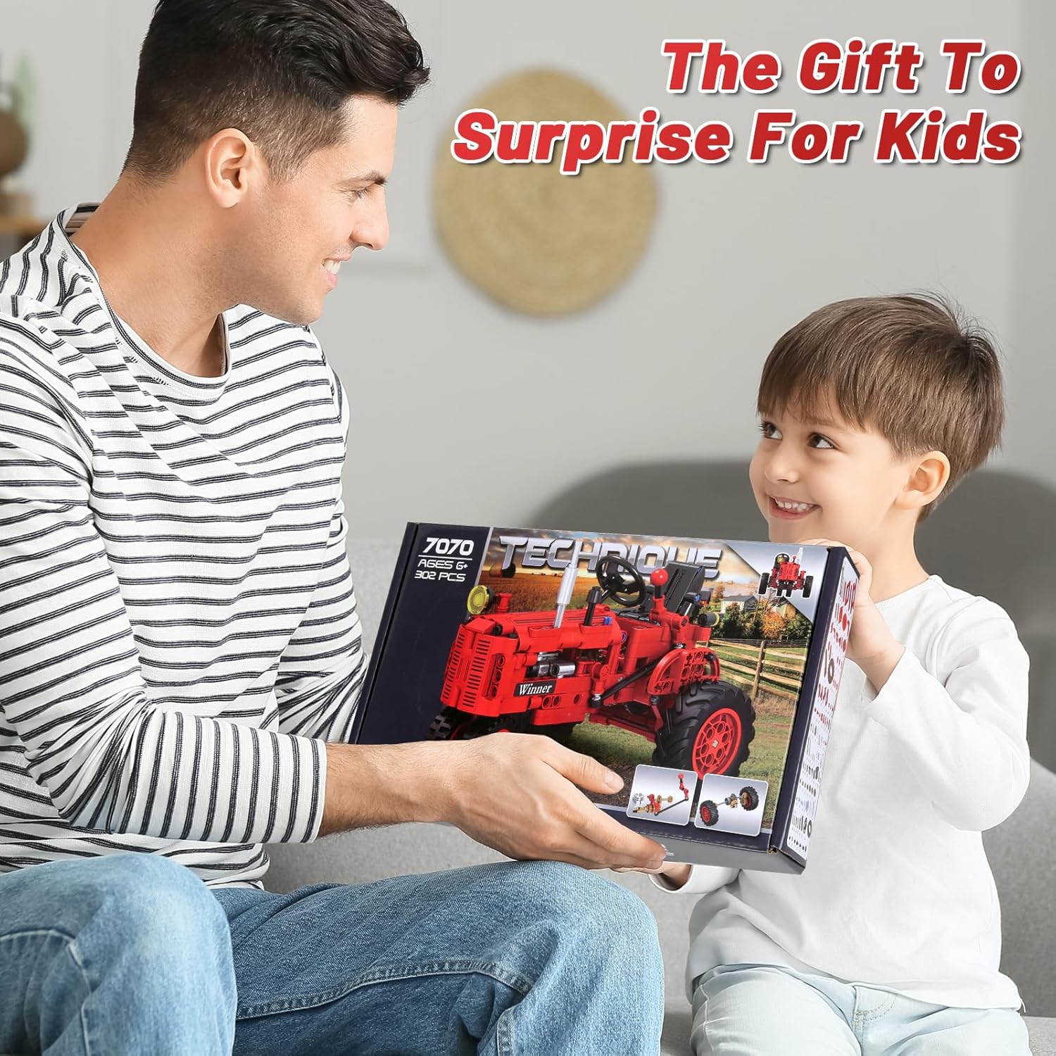 Red farm tractor building blocks set for kids by WanJJXW, featuring a classic 1/12 scale farm tractor toy construction kit
