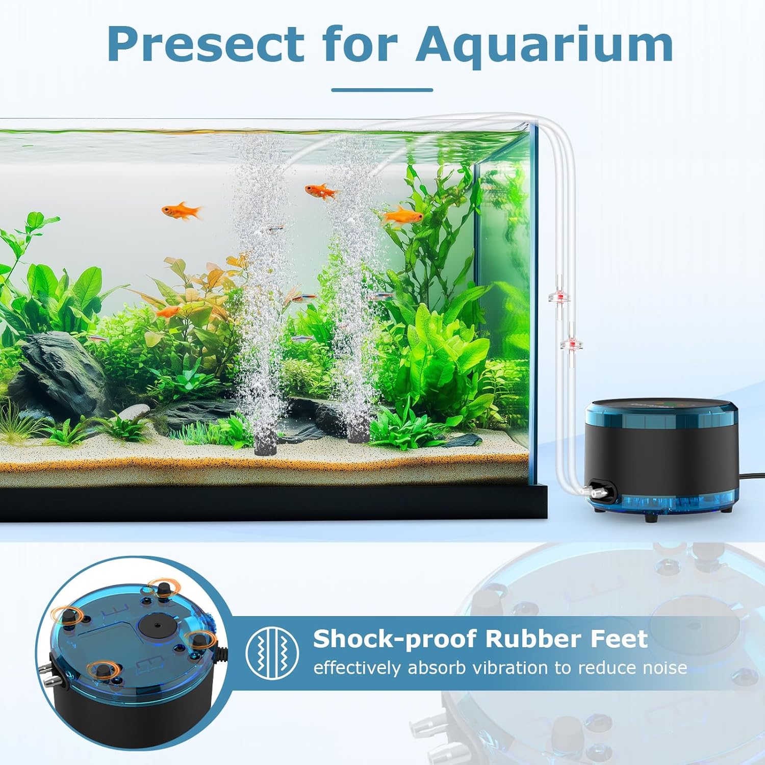 hygger aquarium air pump with dual outlets, quiet 4W/8W fish tank aerator, adjustable oxygen pump for fresh and saltwater tanks