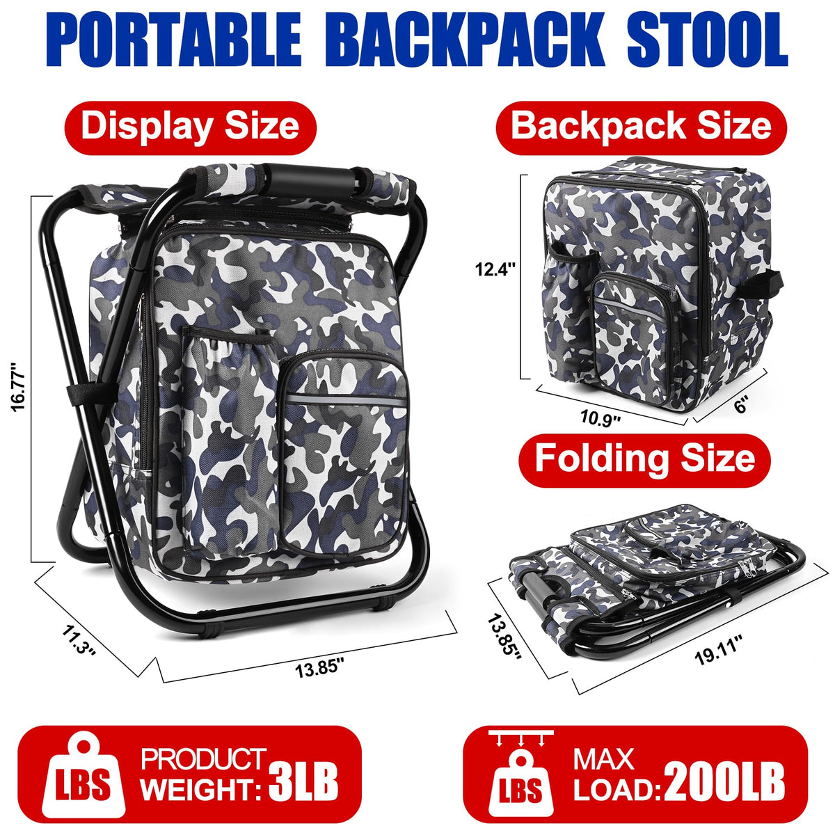 Backpack Stool Cooler Chair Heavy Duty 200 LBS Max Load - Kikerike Official Imagery - 3