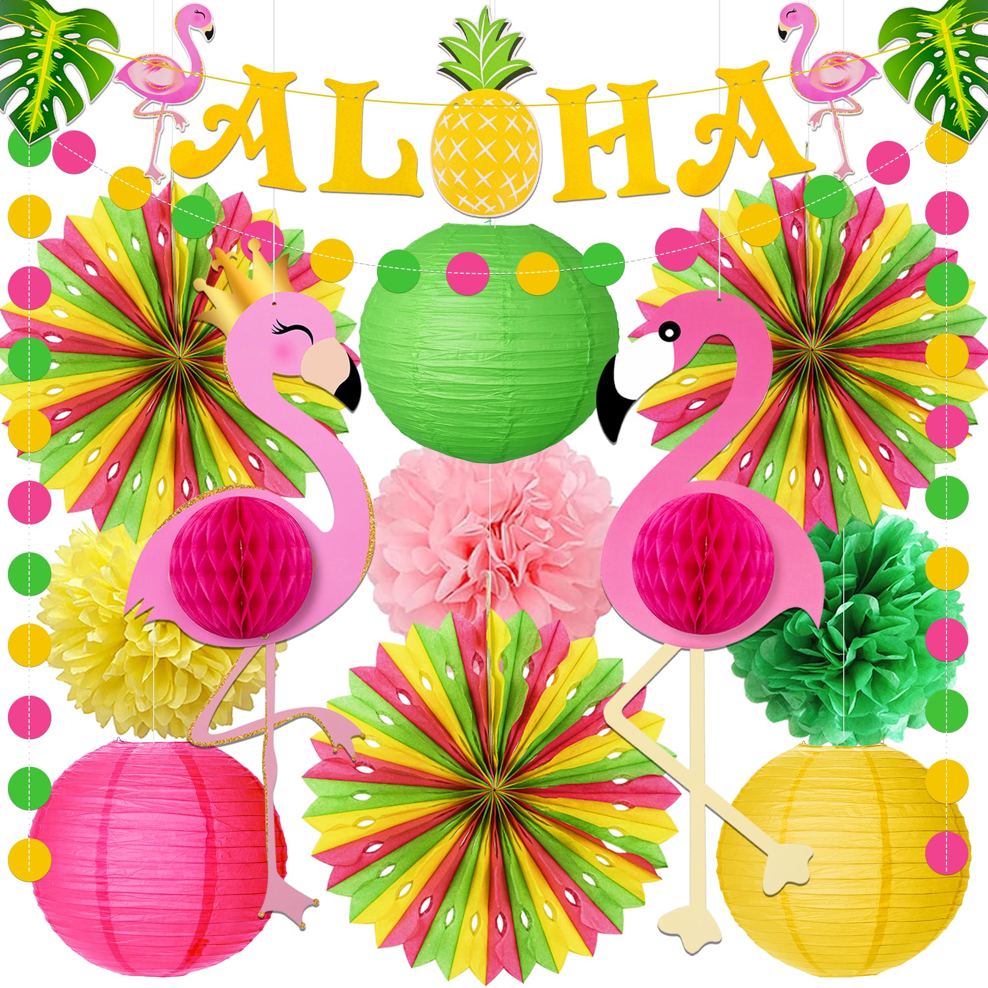 Luau Party Decorations Paper Fans Lanterns Set - Product Imagery