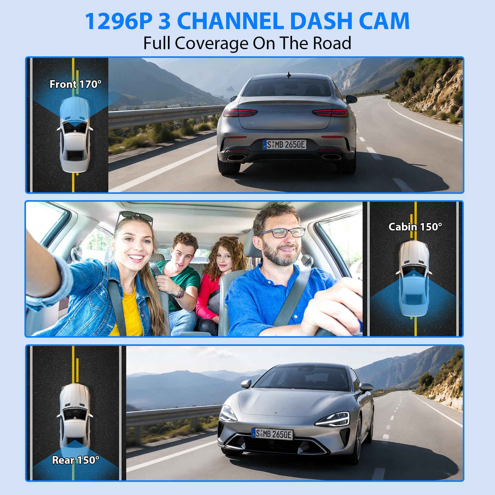 SUVCON 1296P front, rear, and interior dash cam for cars with night vision, loop recording, HDR, 32GB card, and G-sensor.