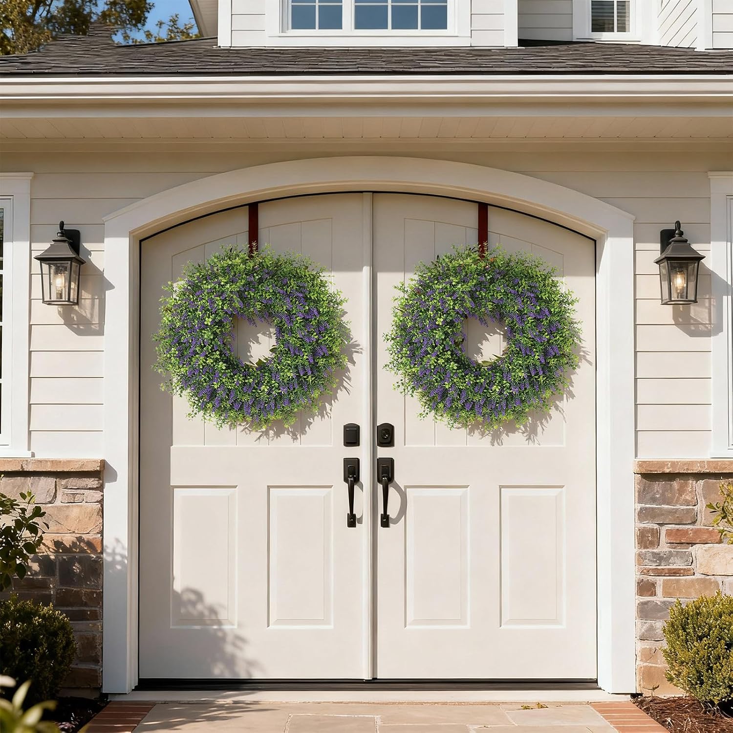 26" Artificial Lavender & Boxwood Wreath for Front Door - Large Faux Purple Greenery Outdoor