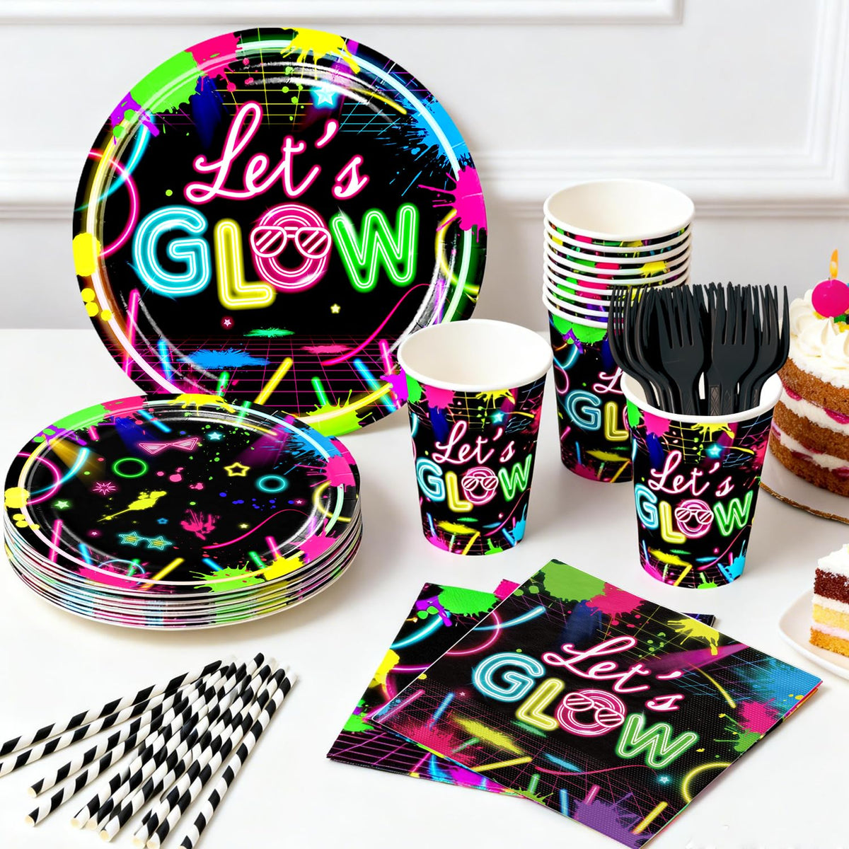 205pcs wellspar Neon Birthday Party Decorations Tableware - wellspar Official Imagery - 6