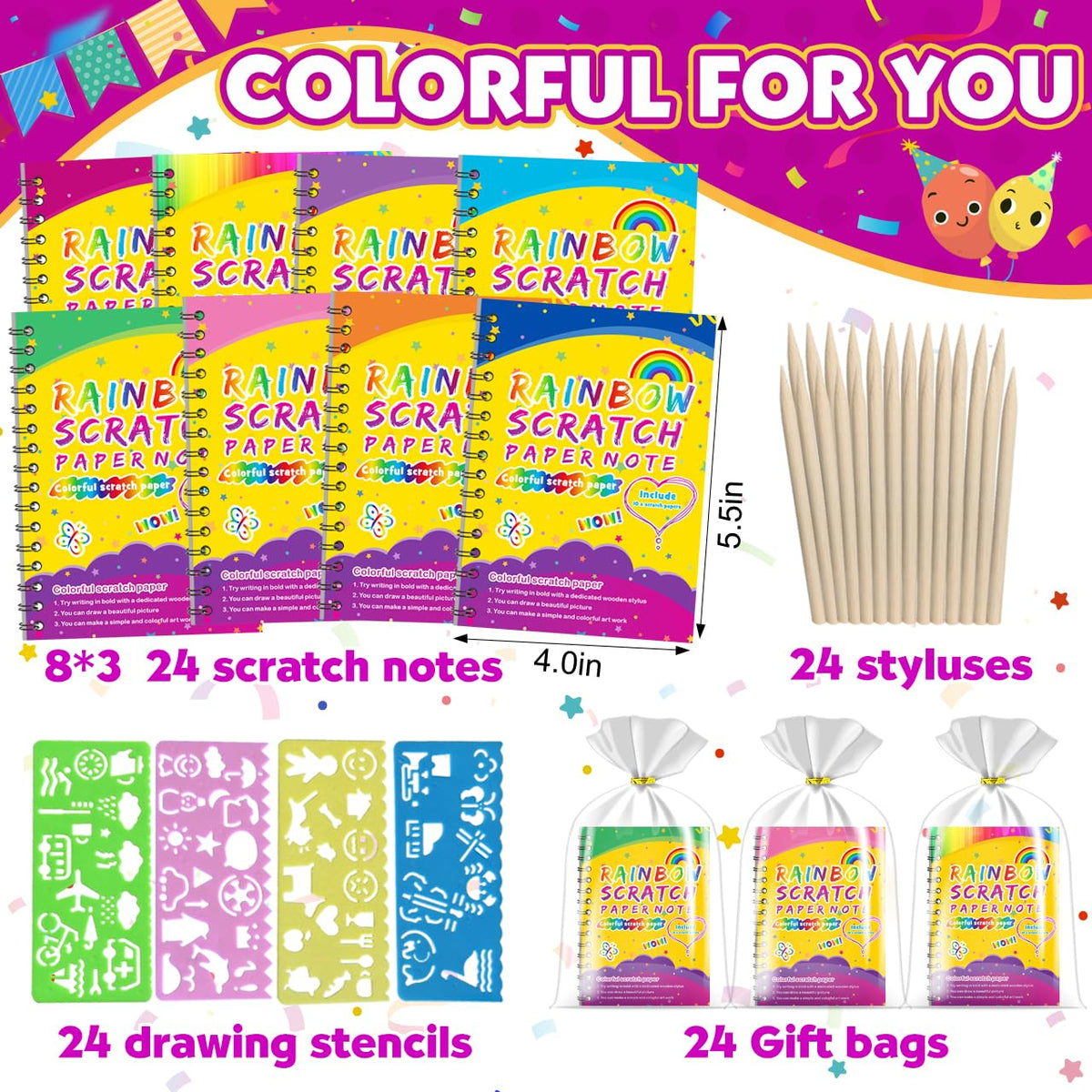 Party Favors for Kids 4 8 12 24 Pack Scratch Rainbow Art - Pigipigi Kids Official Imagery - 3