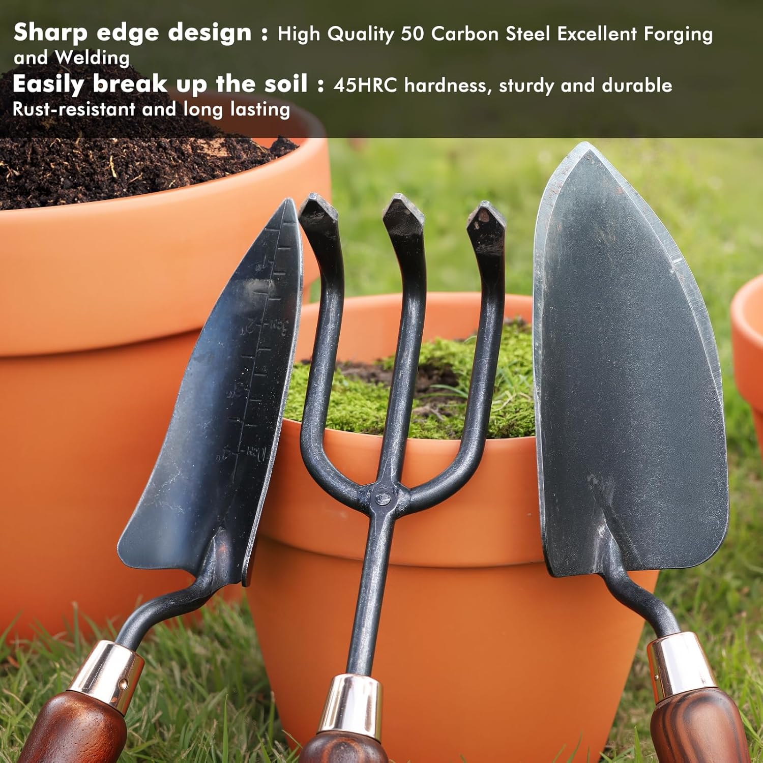 Restmo 3-in-1 heavy-duty gardening tools kit with premium carbon steel tools for gardening and outdoor tasks.