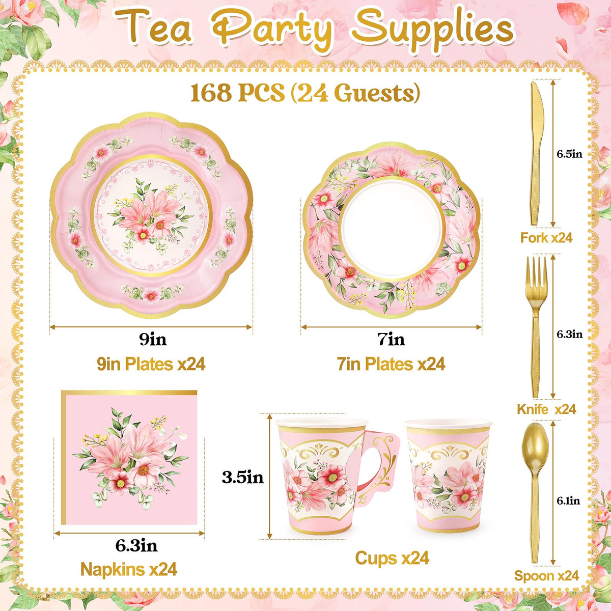 168PCS Flower Tea Party Supplies Pink Vintage Floral Party - Fighting to Achieve Official Imagery - 3