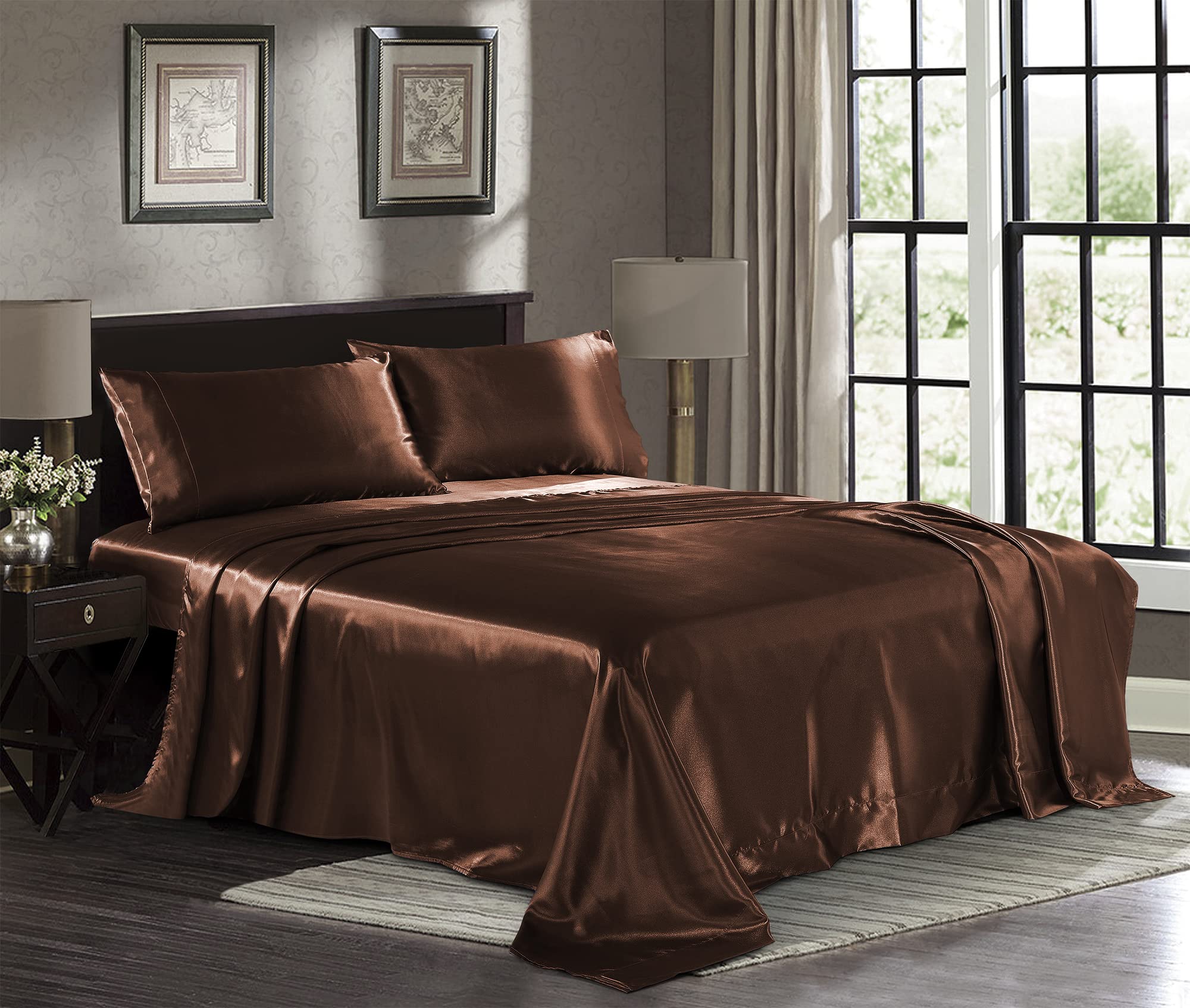Satin Sheets Full [4-Piece, Brown] Hotel Luxury Silky Bed Sheets - Product Imagery