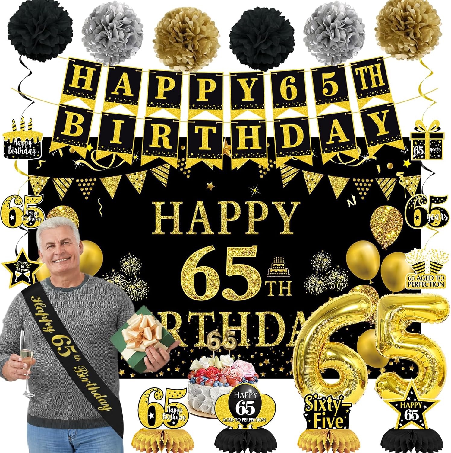 Trgowaul 50th birthday decorations with 22 black and gold party banners and balloons for men and women celebration.