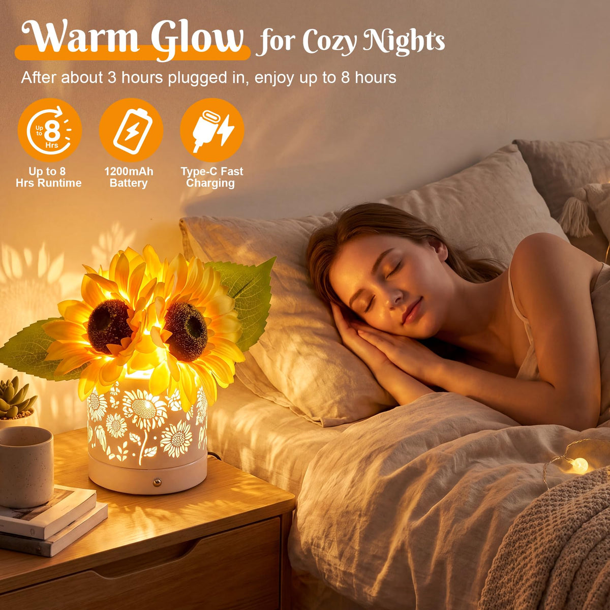 ACOCO Sunflower Lamp Rechargeable Cordless Touch Lamp with 3 - ACOCO Official Imagery - 6