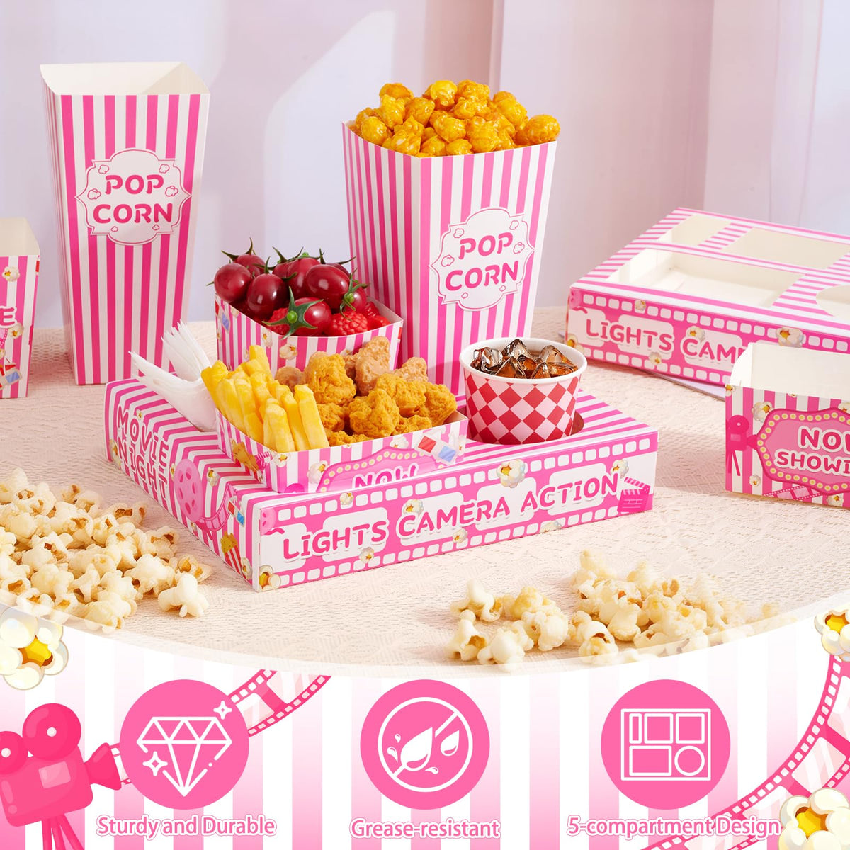 48 Pcs Pink Movie Night Party Supplies Snack Popcorn Trays - ARQRHTLY Official Imagery - 6