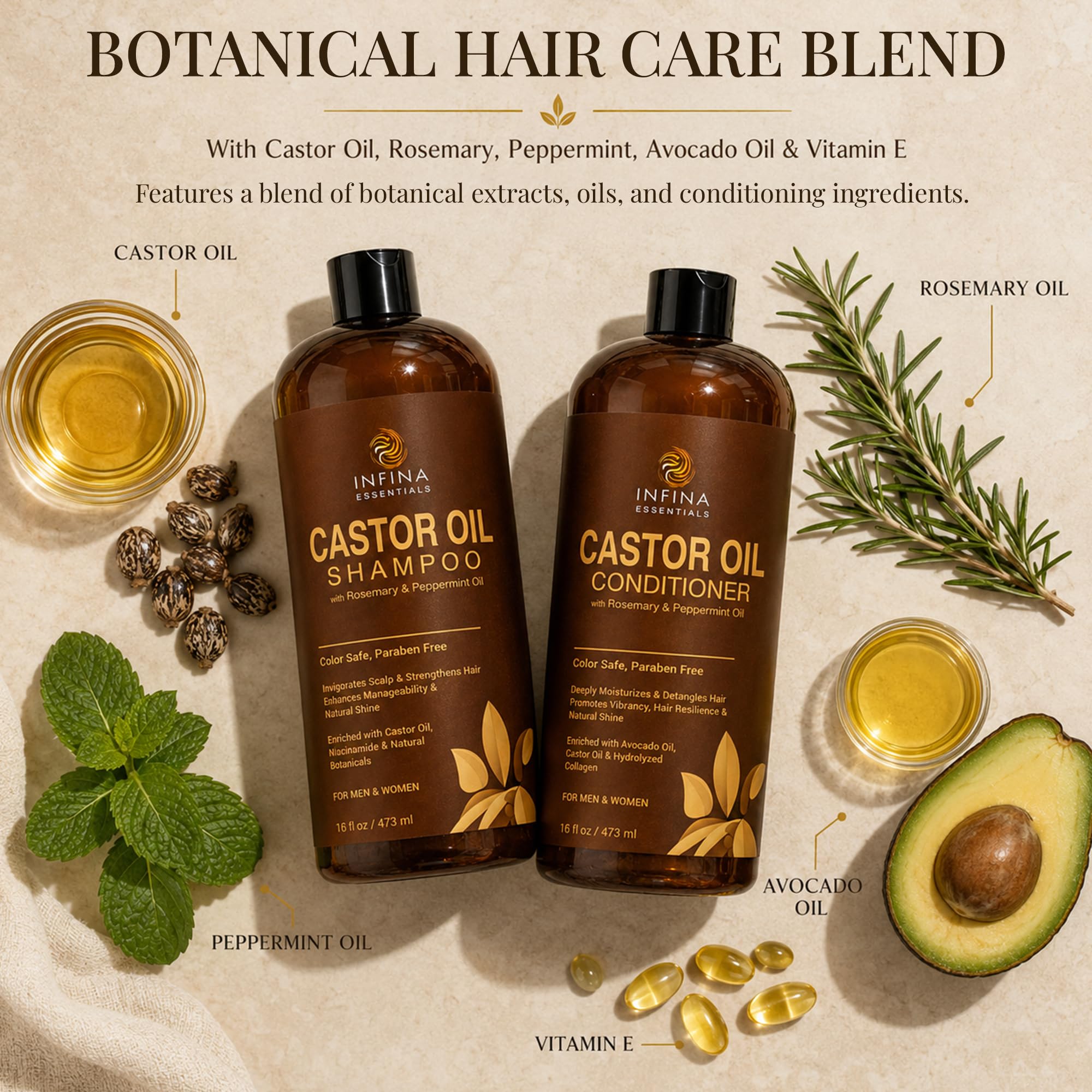 INFINA ESSENTIALS Castor Oil Shampoo and Conditioner Set for Hair Growth, 16 fl oz - INFINA ESSENTIALS Official Product View 4