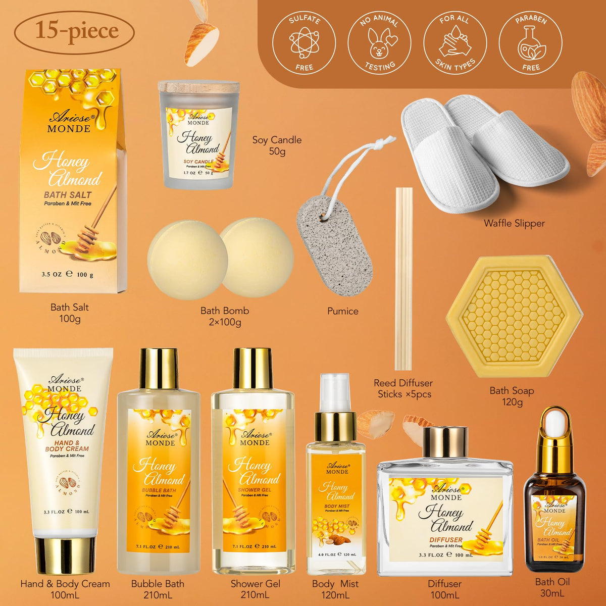 Bath and Body Gift Set 15pcs Honey Almond Gift Basket for - ArioseMonde Official Imagery - 3