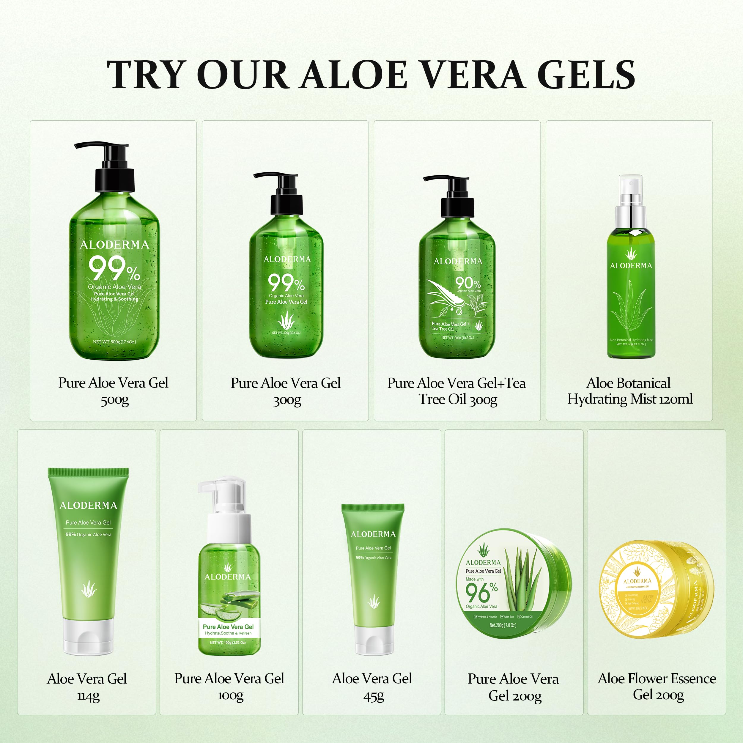 Aloderma Organic Aloe Vera Gel, 99% pure skin moisturizer in a 4.02 oz tube, with fresh aloe vera leaves in the background.