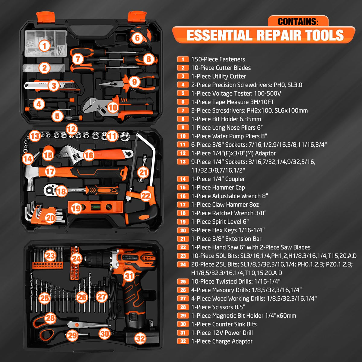 255 Piece Home Tool Kit with 12V Cordless Drill and Drawer - Thatool Official Imagery - 3
