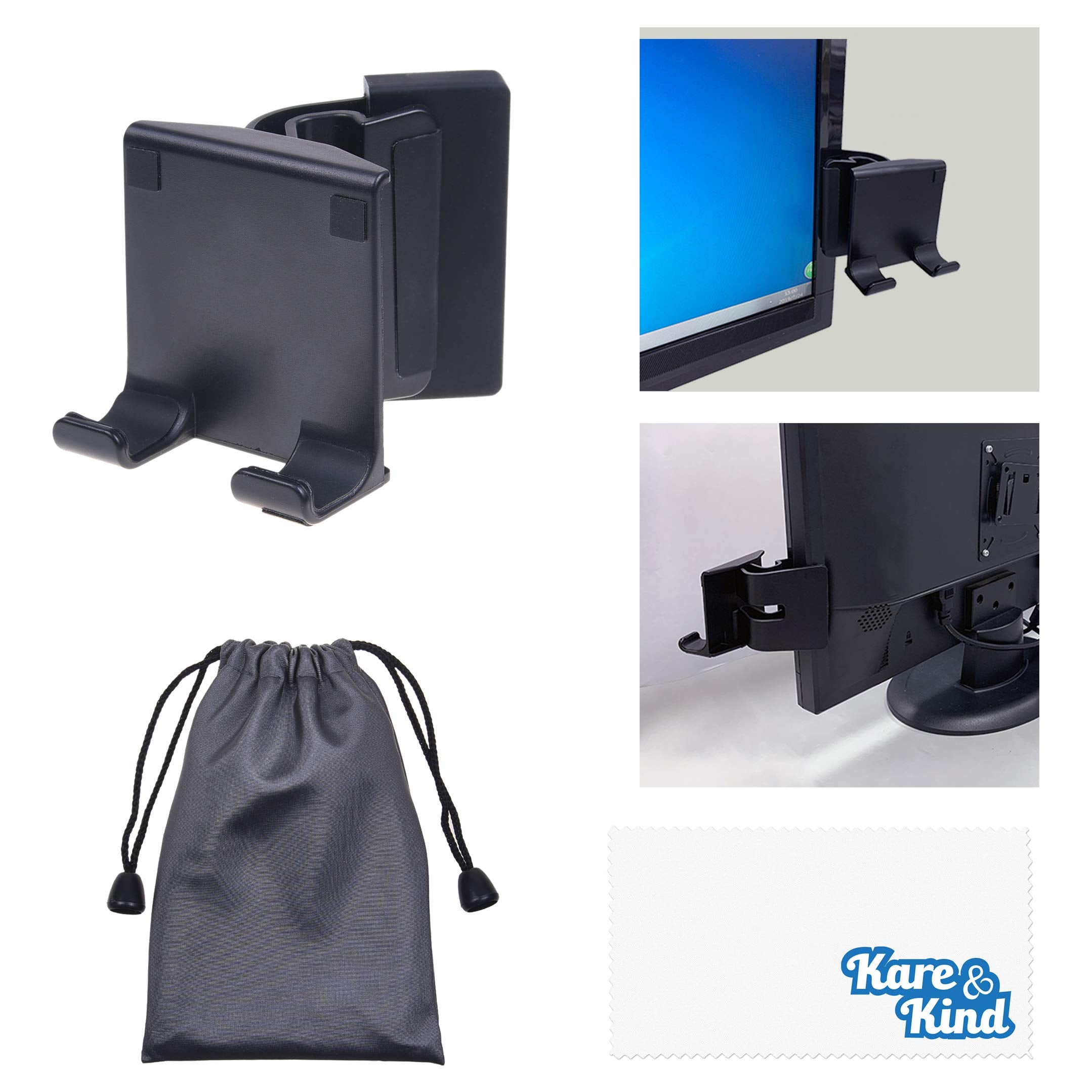 Kare & Kind Smartphone clip-on holder attached to monitor, adjustable mount with universal phone dock for laptops and monitors up to 25mm thick.