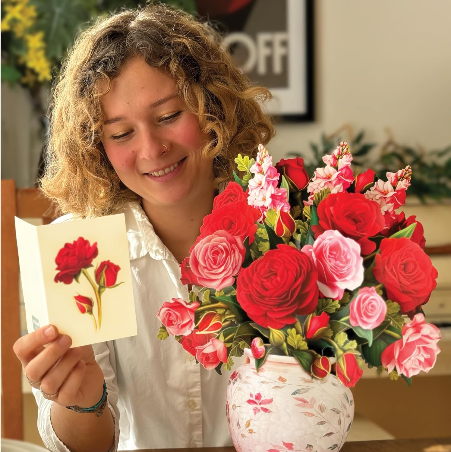 Freshcut Paper blooming roses 13-inch 3D pop-up card with vibrant rose design, ideal for anniversary, Valentine’s Day, or Mother’s Day
