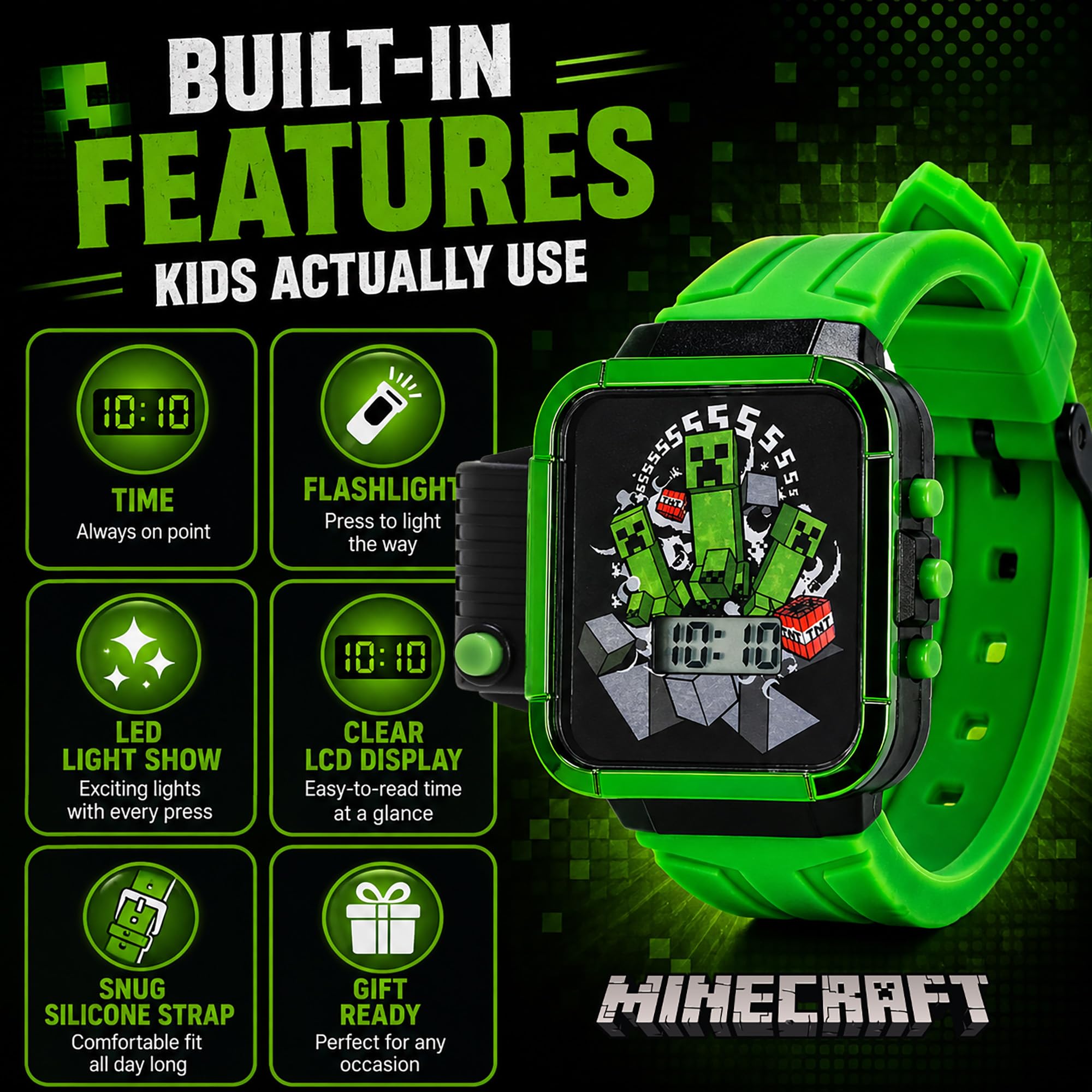 Accutime Minecraft Kids LCD Flashlight Watch with Creeper Graphic – Di - View 4
