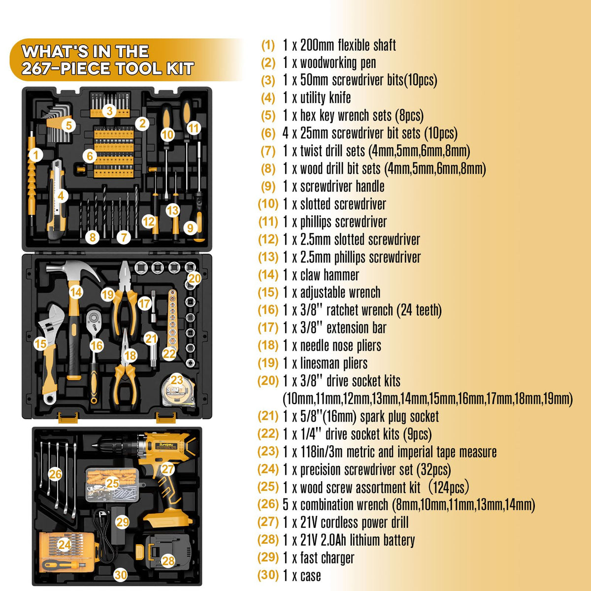 Sundpey 267 Pcs Tool Kit Set for Home with 21V Cordless - Sundpey Official Imagery - 4
