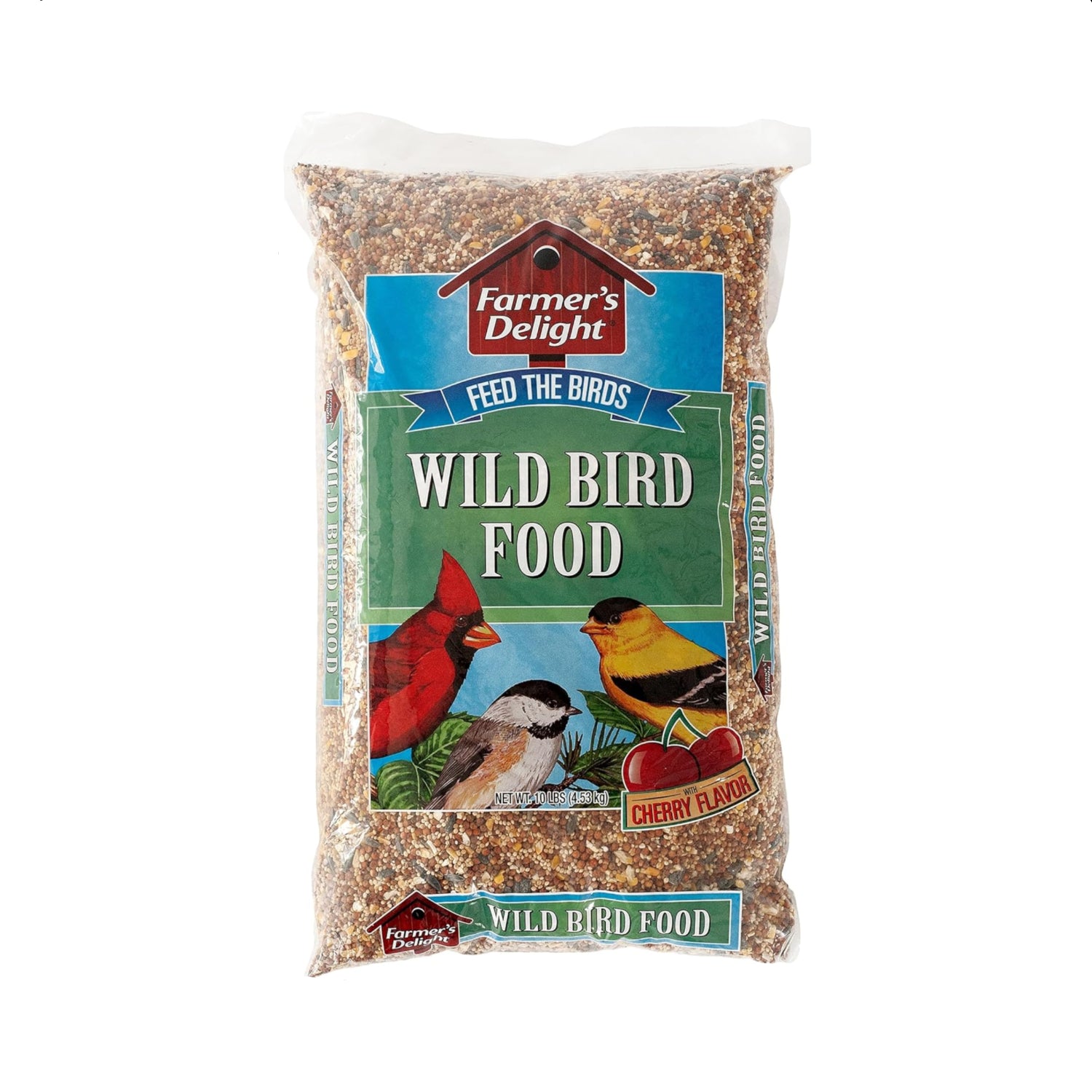 Wagner's Farmer's Delight wild bird food with cherry flavor in a 10-pound bag, showing colorful birdseed mix and packaging.