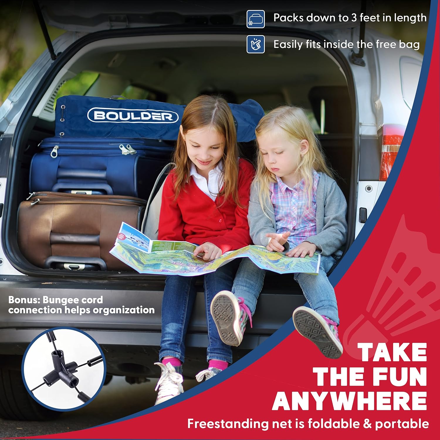 Boulder portable badminton and pickleball net with foldable extendable poles, lightweight and easy to set up for outdoor play