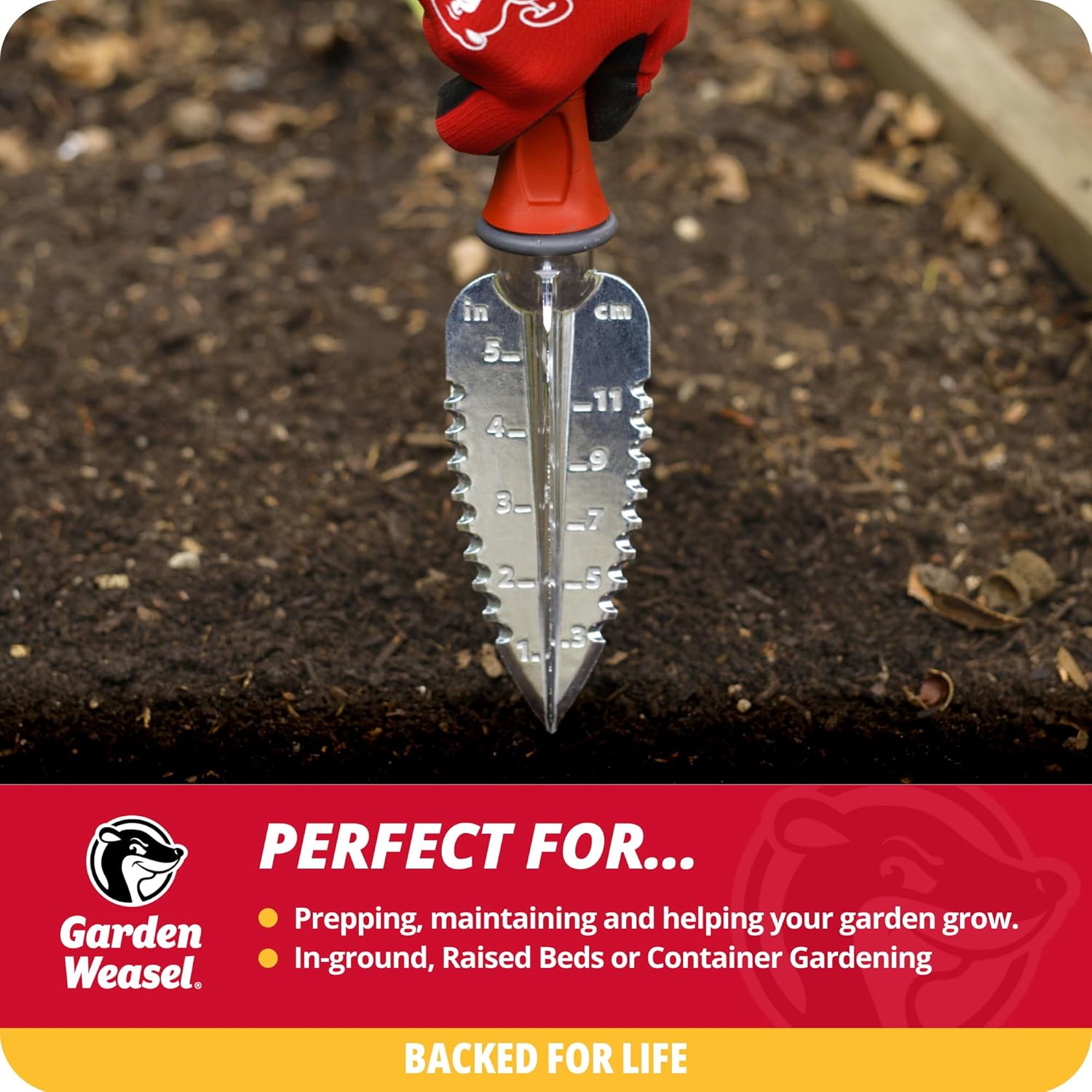 Garden Weasel 3-piece hand tool set with trowel, transplanter, and cultivator for gardening and planting tasks.