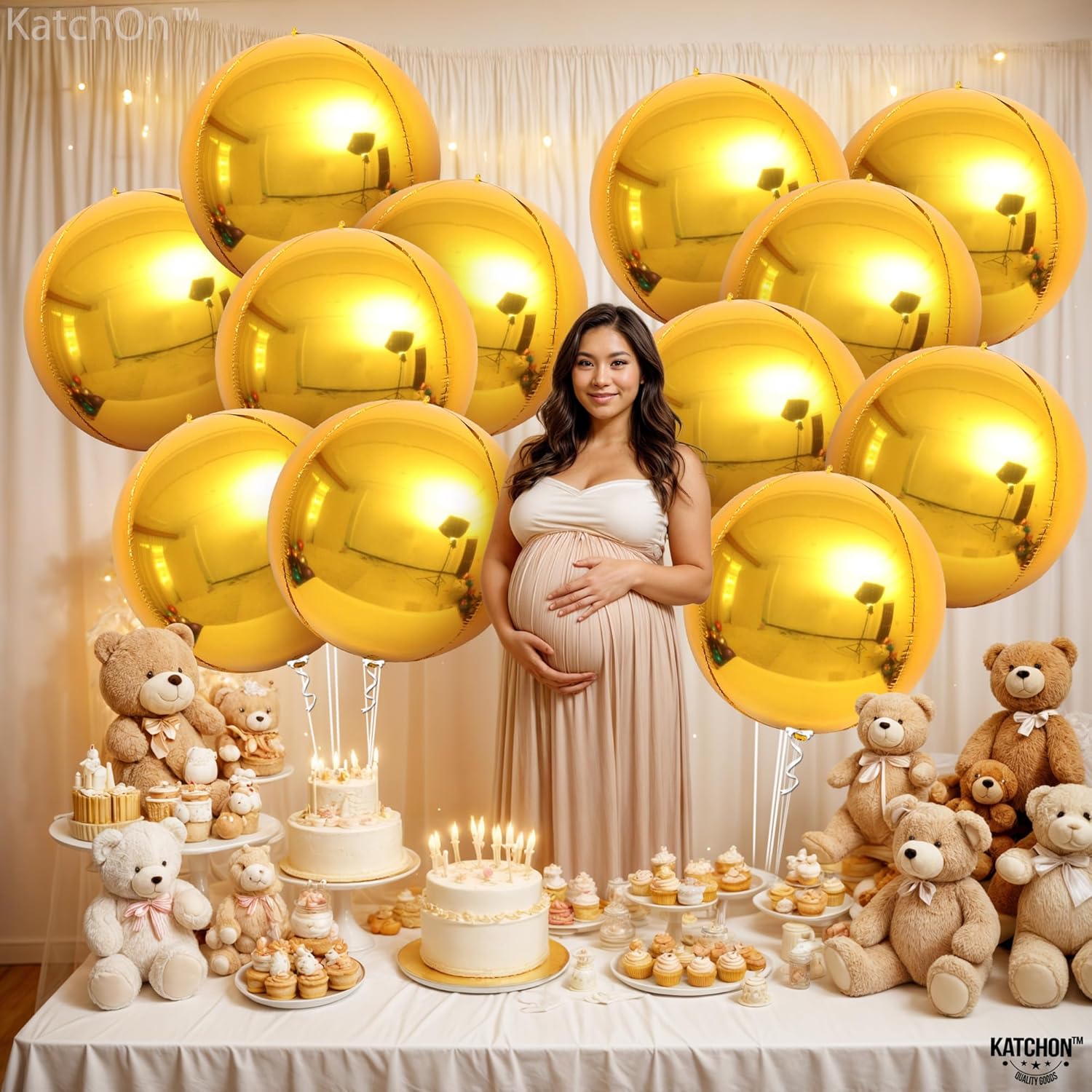 Large gold foil balloons from KatchOn, 22 inch size, pack of 12, shiny gold balloons for celebrations and parties.