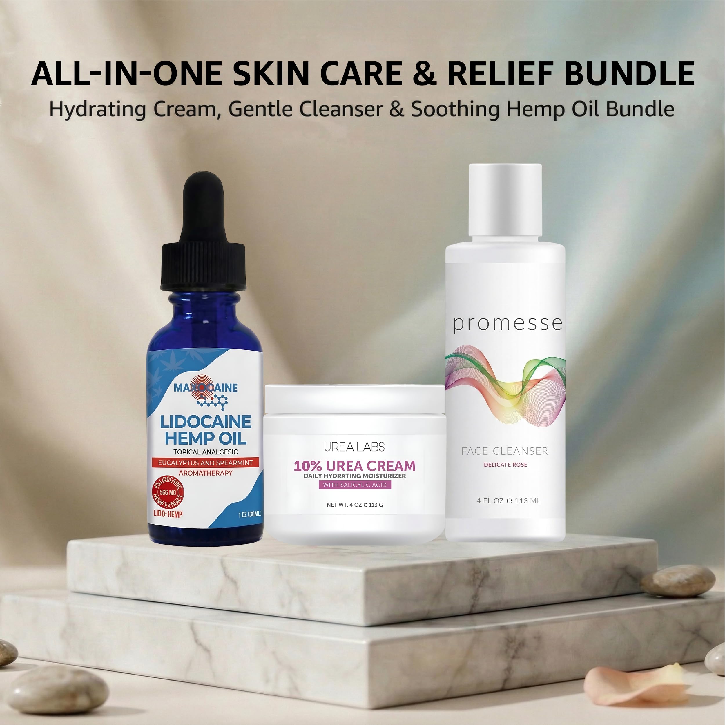 Skincare Soothing & Comfort Bundle - Acne Control Rose Facial Cleanser, 4% Lidocaine Hemp Oil for Muscle & Joint Comfort, and 10% Urea Cream with Aloe Vera & Jojoba Oil for Smooth, Youthful Skin