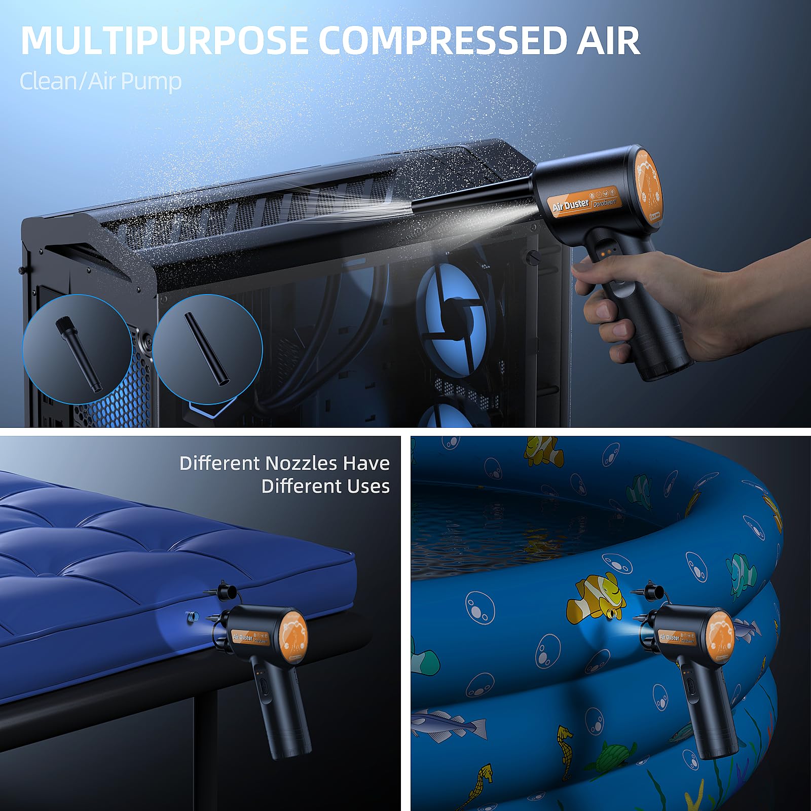 Dorobeen rechargeable electric air duster with LED light, black compact PC keyboard cleaner and accessories, powered by BLDC motor.