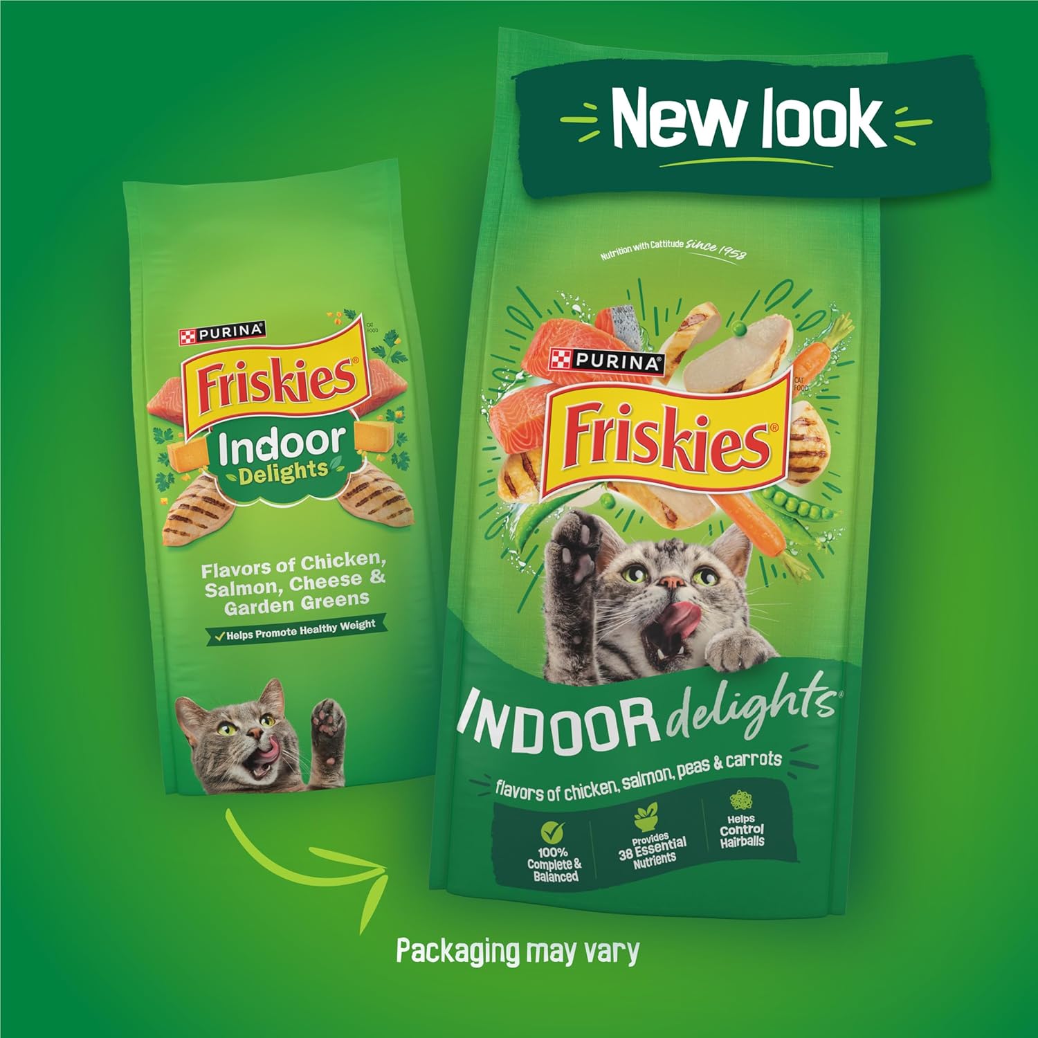 Friskies Dry Cat Food Indoor Delights with chicken, salmon, peas, and carrots in a pack of four 3.15 lb bags.