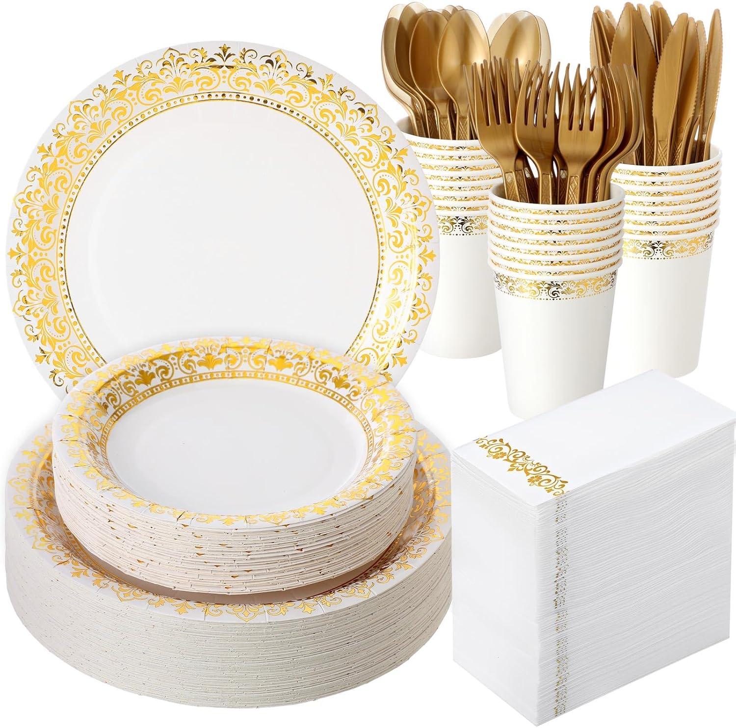 Didaey disposable dinnerware set with 200 paper plates, ideal for 100 guests, displayed on a clean surface.