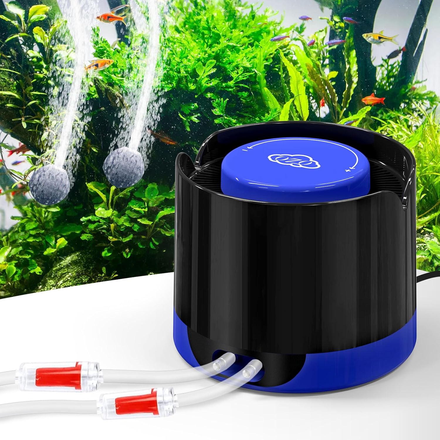 QZQ Aquarium Air Pump with dual outlets, quiet 3W fish tank aerator for freshwater and saltwater tanks.