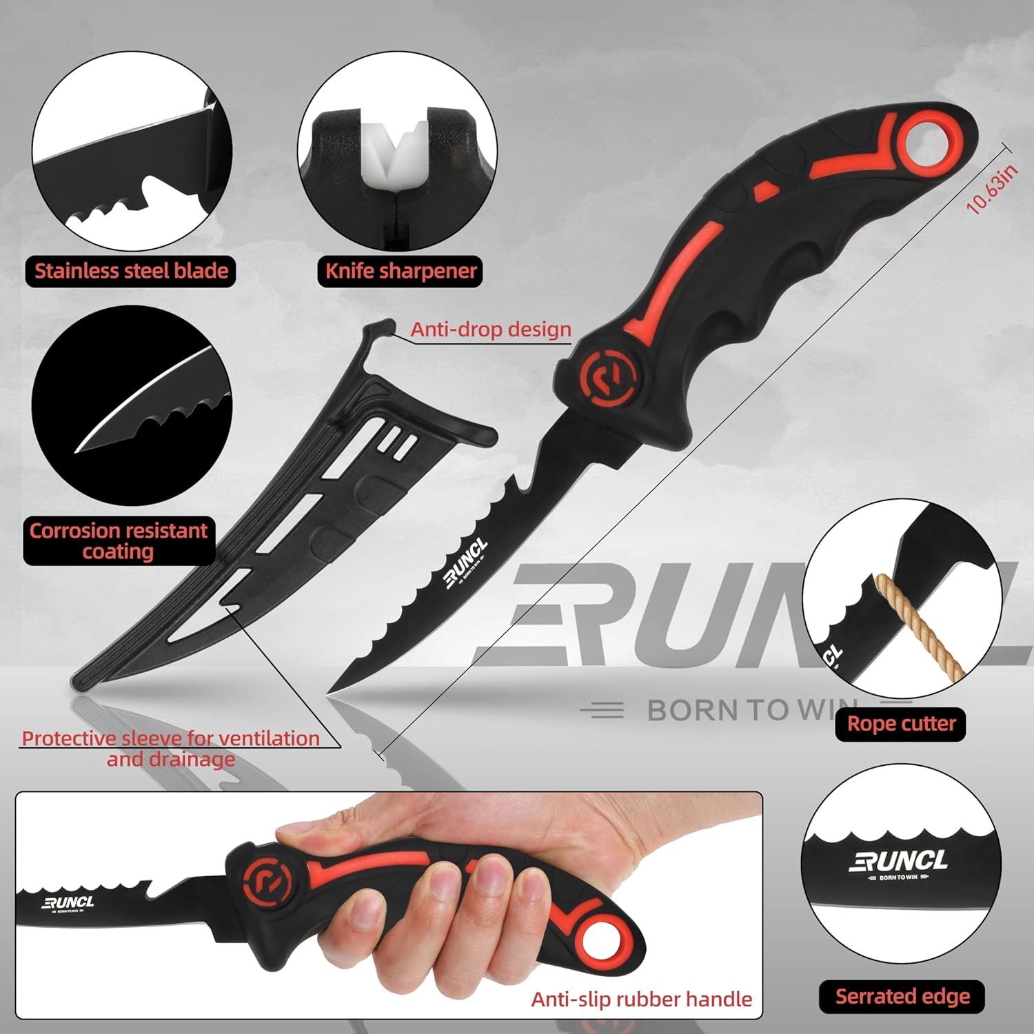 PROBITE RUNCL 4-piece fishing tool kit includes fishing pliers, fish fillet knife with sharpener, and fish lip gripper.