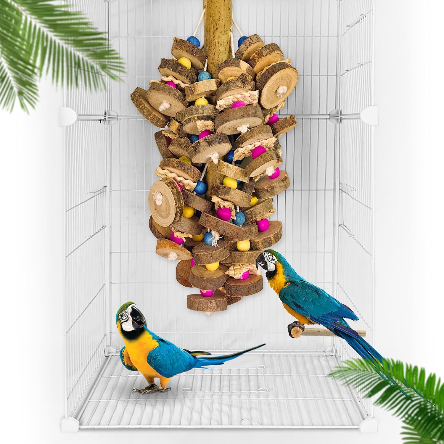 Large multicolored wooden parrot toy with natural wooden blocks, 19.7 inches long, designed for pet birds.