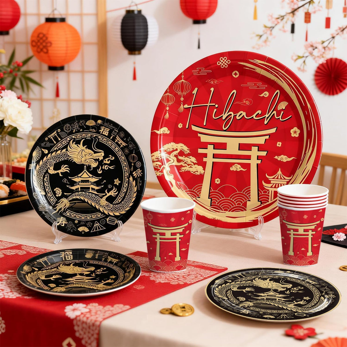 Red Gold Hibachi Party Decorations Tableware Set for 25 - wellspar Official Imagery - 3