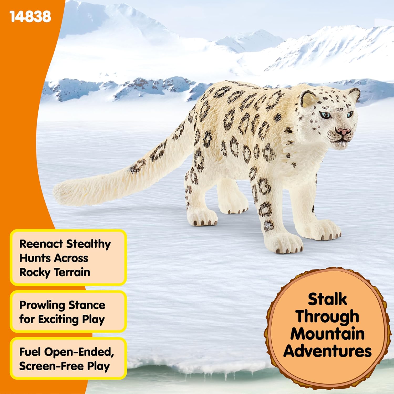 Elefair Schleich Wild Life Snow Leopard figurine showing a realistic, intricately painted prowling snow leopard animal toy for children