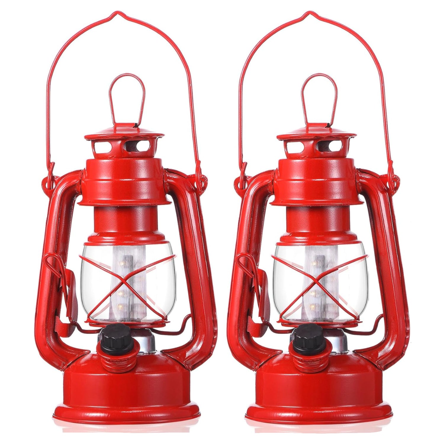 Hortsun 2-pack vintage 8-inch red outdoor LED hurricane lanterns with metal construction, ideal for garden or patio decor.