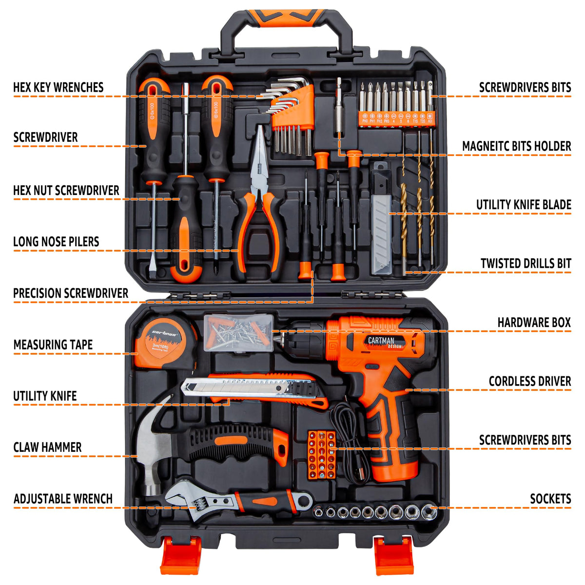 CARTMAN 150PCS 8V Cordless Drill Hand Tool Set Orange - CARTMAN Official Imagery - 4