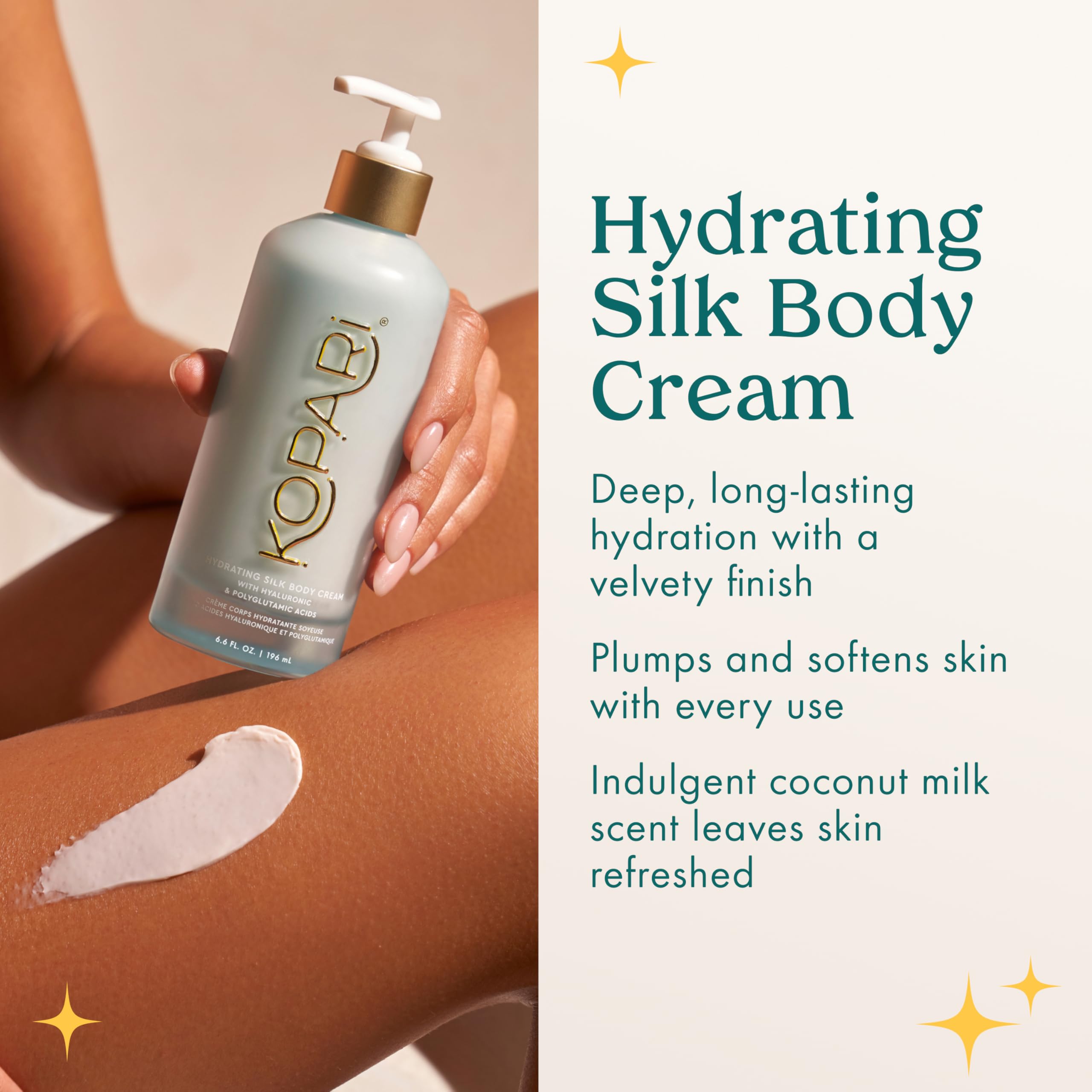 Kopari Hydrating Silk Body Cream with Hyaluronic & Polyglutamic Acids – Long Lasting Moisturizer for Dry Skin, Lightweight & Silky Texture, Sweet Coconut Milk Scent, 6.7 fl oz - Kopari Official Product View 4