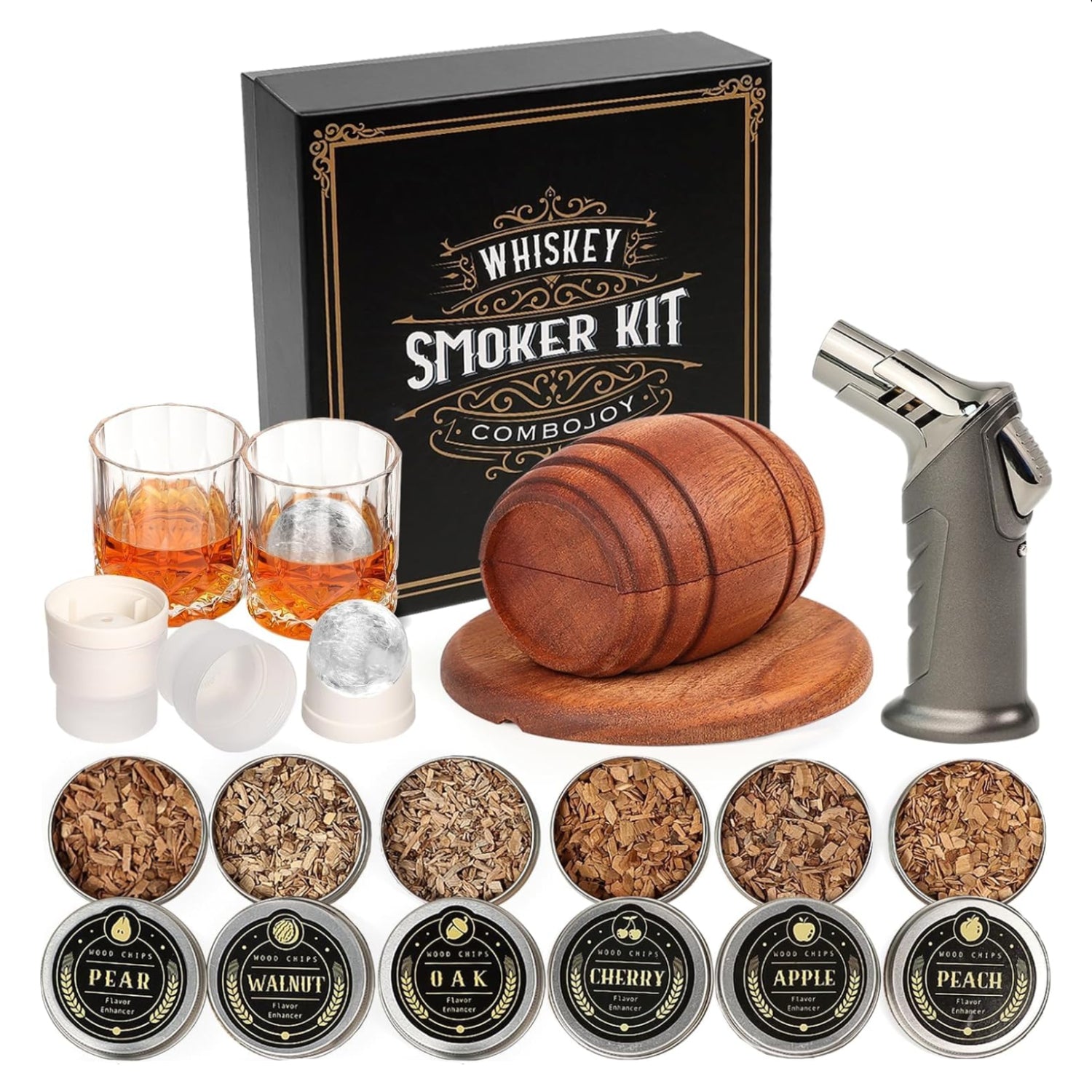 ComboJoy whiskey smoker kit with torch, 6 wood chip flavors, 2 glasses, and 2 ice ball molds for flavorful whiskey smoking.