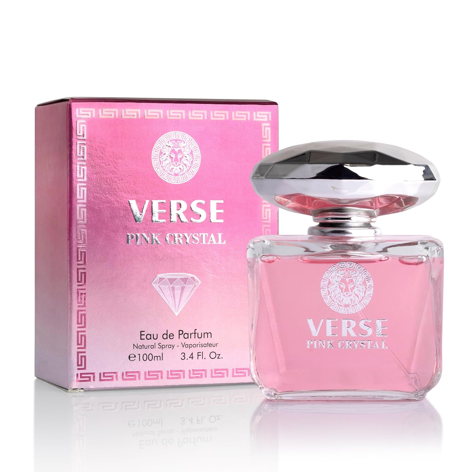 NovoGlow Verse Pink Crystal Eau De Parfum for Women with pomegranate top notes, showcasing the elegant pink bottle.