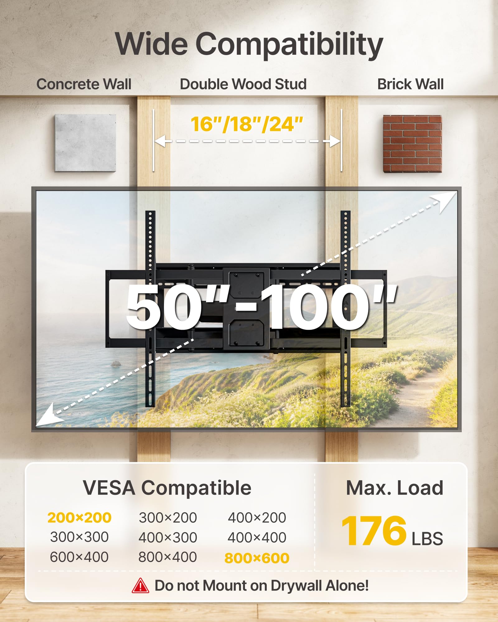 monTEK Heavy Duty TV Wall Mount for 50–100 inch XL TVs up to 176 - monTEK Official Product View 7