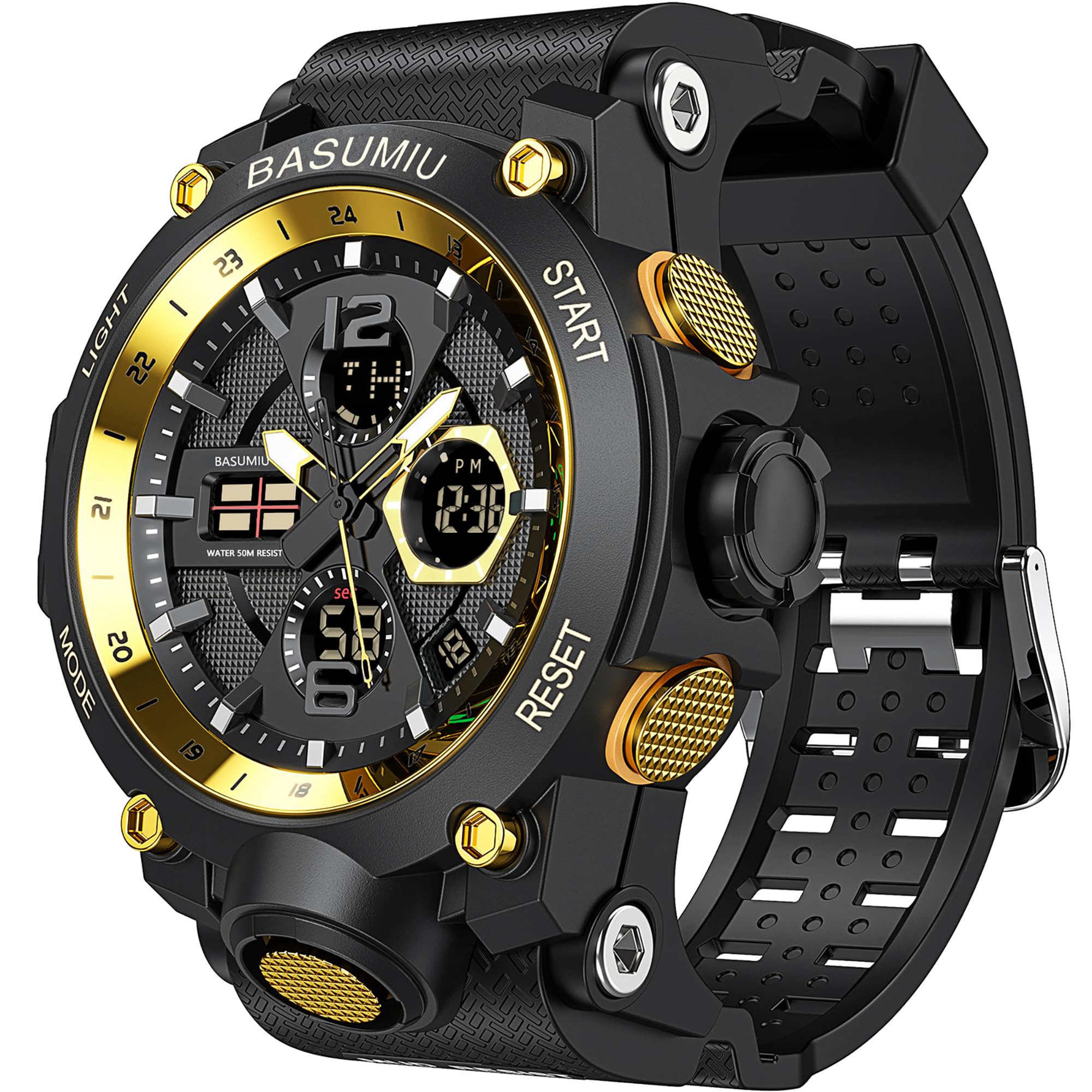 BASUMIU Men's Tactical Sports Watch – Dual Display, Waterproof