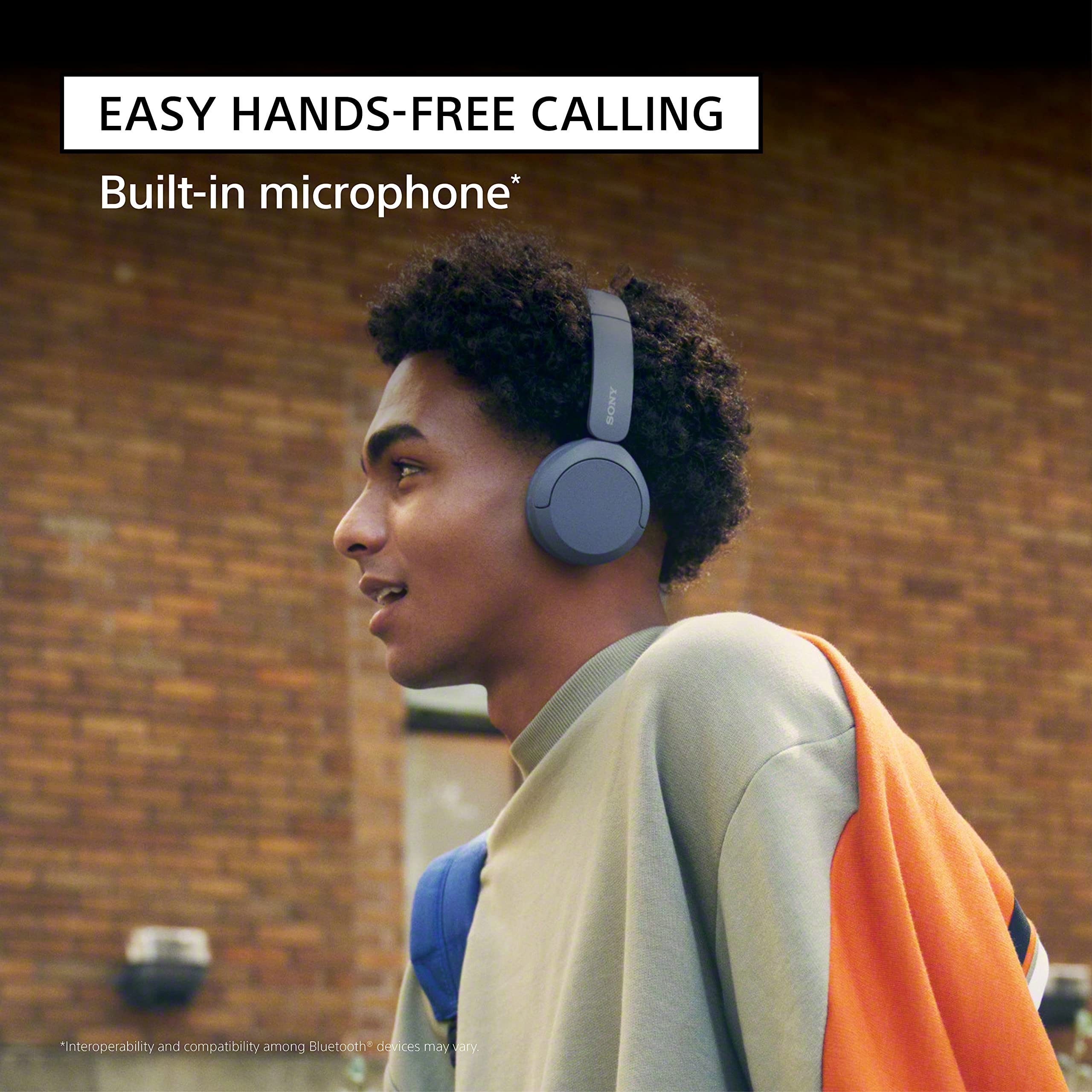 Sony WH-CH520 wireless on-ear Bluetooth headphones in blue with microphone, lightweight design and cushioned ear cups.