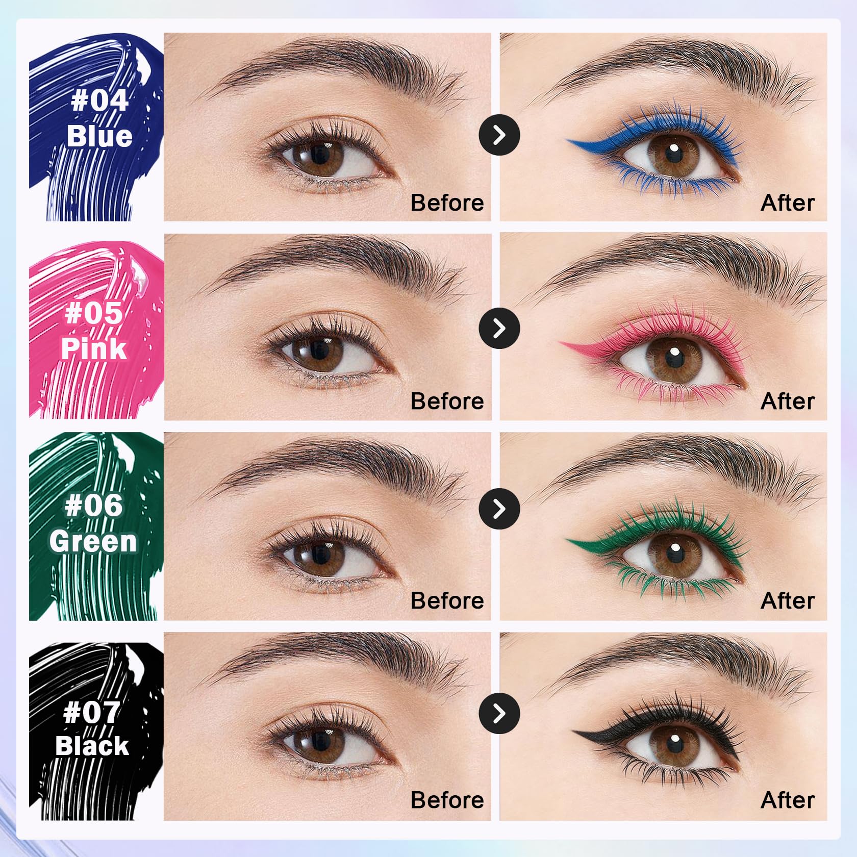 Rosawee 5D Blue Waterproof Mascara showing a wand and vibrant blue mascara on lashes for volume and length.