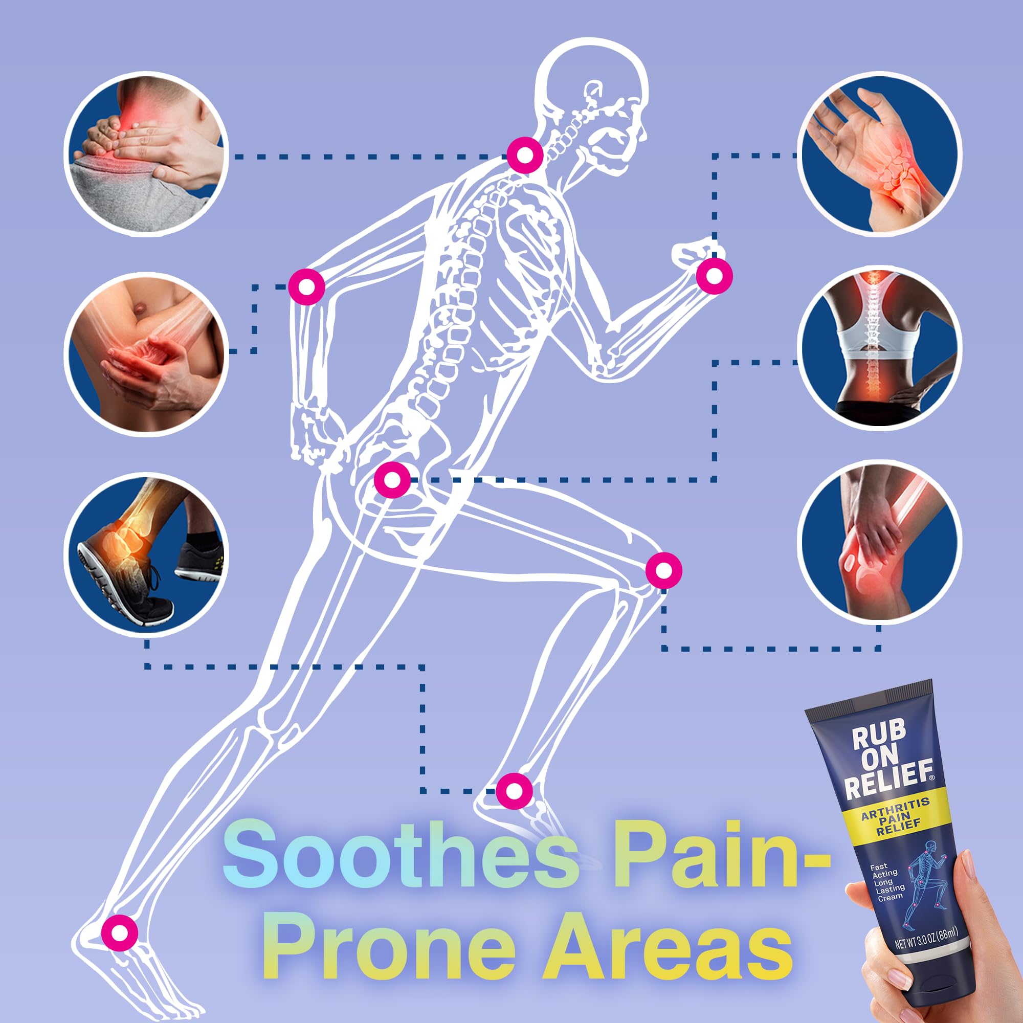 Rub On Relief Arthritis Pain Relief Cream 10-in-1 in a 3oz tube, showing the medication packaging and applicator.