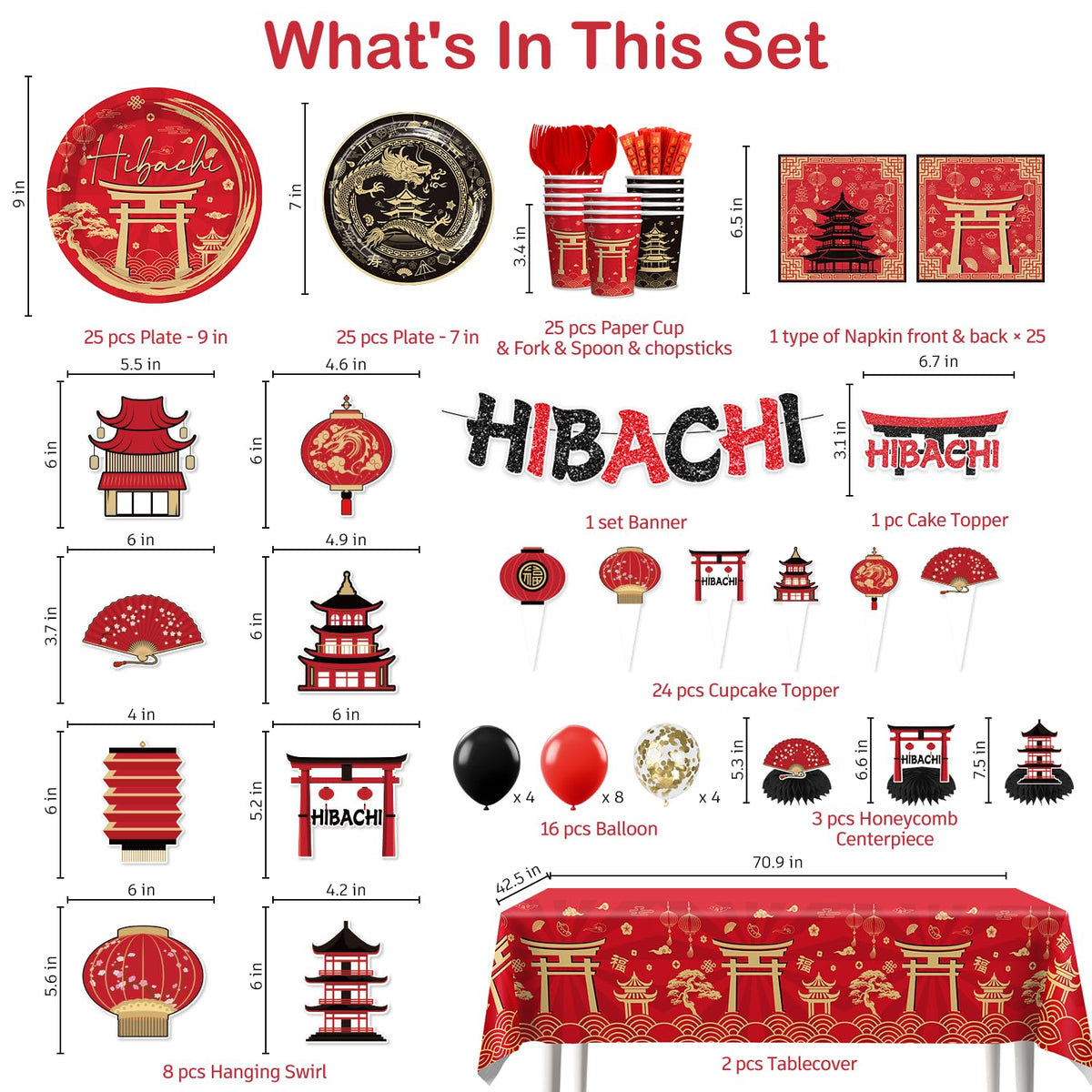 Red Gold Hibachi Party Decorations Tableware Set for 25 - wellspar Official Imagery - 4
