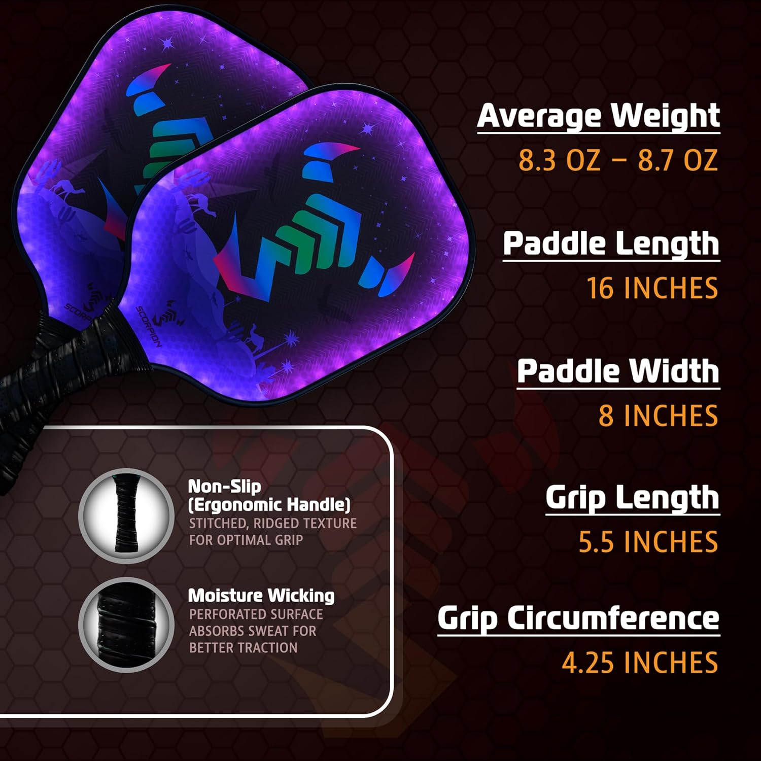 SCORPION LED pickleball paddles set with lightweight rackets, featuring embedded LED lights for enhanced visibility during play