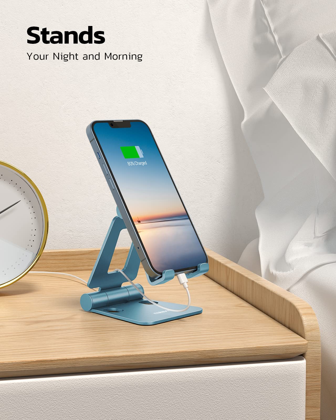 Nulaxy blue aluminum dual folding cell phone stand for desk, portable electronic device holder with adjustable angles